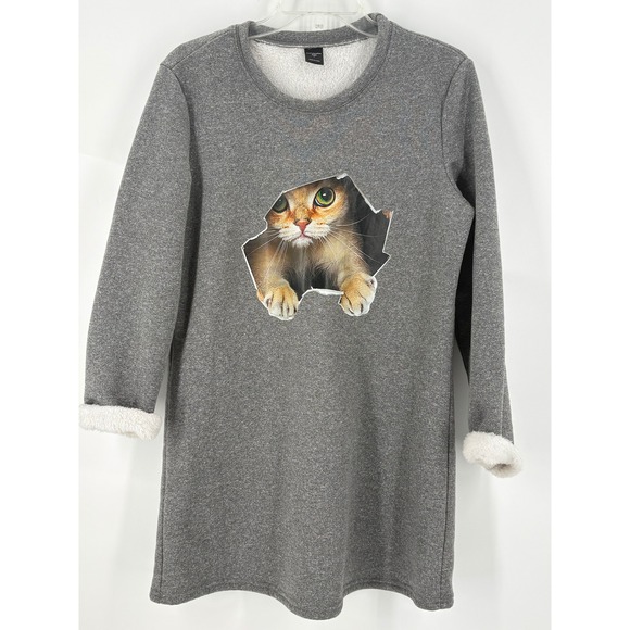 Justfashionnow Tops - JustFashionNow Gray Cat Print Long Sleeve Sherpa Lined Sweatshirt Dress Size L
